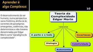 Aprender é
 algo Complexus
                                10
O desenvolvimento do ser
humano, numa perspectiva
socio-histórica, alinha-se às
correntes de paradigmas
emergentes, sistêmicos, não
deterministas e não-lineares
denominados por Edgar
Morin como “paradigma da
complexidade”.
 