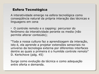Esfera Tecnológica
A interatividade emerge na esfera tecnológica como
conseqüência natural da própria interação das técnicas e
linguagens em cena
• O controle remoto e o zapping: percursor do
fenômeno da interatividade perante os media (não
permite alterar conteúdo);
“Toda a nossa cultura faz a aprendizagem da interação,
isto é, ela aprende a projetar extensões sensoriais no
universo da tecnologia externa por diferentes interfaces
dentre as quais a primeira é o humilde controle remoto”
D. Kerkchove (pág. 45)
Surge como evolução da técnica e como adequação
entre oferta e demanda.
 