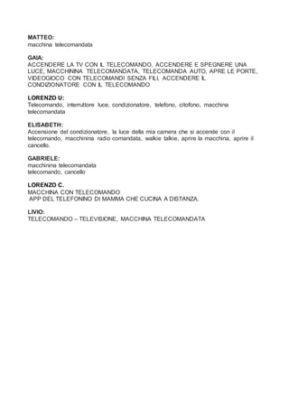 MATTEO:
macchina telecomandata
GAIA:
ACCENDERE LA TV CON IL TELECOMANDO, ACCENDERE E SPEGNERE UNA
LUCE, MACCHININA TELECOMANDATA, TELECOMANDA AUTO, APRE LE PORTE,
VIDEOGIOCO CON TELECOMANDI SENZA FILI, ACCENDERE IL
CONDIZIONATORE CON IL TELECOMANDO
LORENZO U:
Telecomando, interruttore luce, condizionatore, telefono, citofono, macchina
telecomandata
ELISABETH:
Accensione del condizionatore, la luce della mia camera che si accende con il
telecomando, macchinina radio comandata, walkie talkie, aprire la macchina, aprire il
cancello.
GABRIELE:
macchinina telecomandata
telecomando, cancello
LORENZO C.
MACCHINA CON TELECOMANDO
APP DEL TELEFONINO DI MAMMA CHE CUCINA A DISTANZA.
LIVIO:
TELECOMANDO – TELEVISIONE, MACCHINA TELECOMANDATA
 