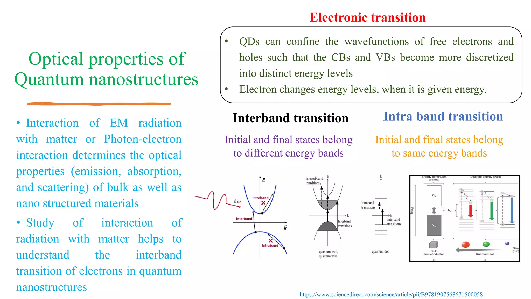 Optical properties of
Quantum nanostructures
• Interaction of EM radiation
with matter or Photon-electron
interaction determines the optical
properties (emission, absorption,
and scattering) of bulk as well as
nano structured materials
• Study of interaction of
radiation with matter helps to
understand the interband
transition of electrons in quantum
nanostructures
Initial and final states belong
to different energy bands
Interband transition Intra band transition
Initial and final states belong
to same energy bands
• QDs can confine the wavefunctions of free electrons and
holes such that the CBs and VBs become more discretized
into distinct energy levels
• Electron changes energy levels, when it is given energy.
Electronic transition
https://www.sciencedirect.com/science/article/pii/B9781907568671500058
 