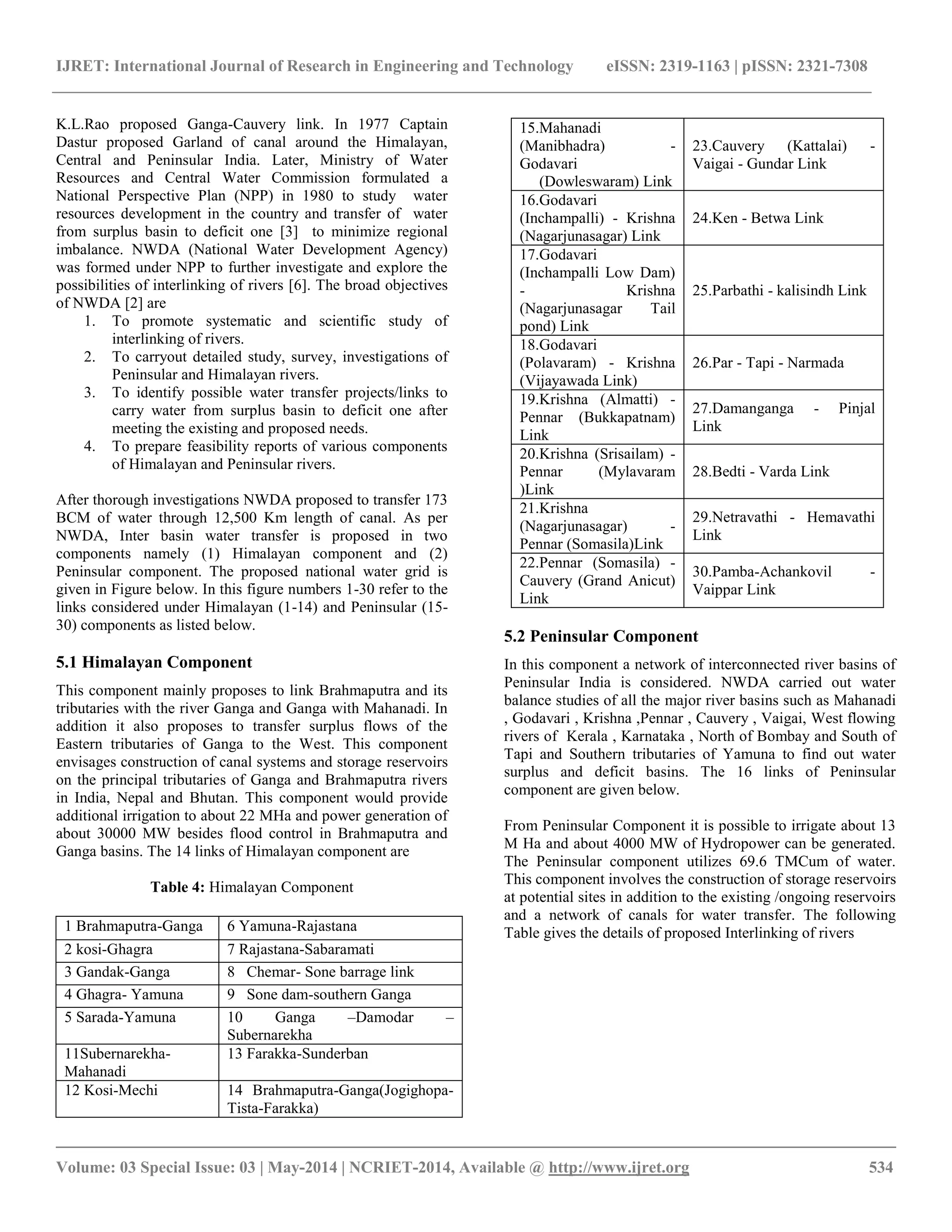 IJRET: International Journal of Research in Engineering and Technology eISSN: 2319-1163 | pISSN: 2321-7308 
__________________________________________________________________________________________ 
Volume: 03 Special Issue: 03 | May-2014 | NCRIET-2014, Available @ http://www.ijret.org 534 
K.L.Rao proposed Ganga-Cauvery link. In 1977 Captain Dastur proposed Garland of canal around the Himalayan, Central and Peninsular India. Later, Ministry of Water Resources and Central Water Commission formulated a National Perspective Plan (NPP) in 1980 to study water resources development in the country and transfer of water from surplus basin to deficit one [3] to minimize regional imbalance. NWDA (National Water Development Agency) was formed under NPP to further investigate and explore the possibilities of interlinking of rivers [6]. The broad objectives of NWDA [2] are 
1. To promote systematic and scientific study of interlinking of rivers. 
2. To carryout detailed study, survey, investigations of Peninsular and Himalayan rivers. 
3. To identify possible water transfer projects/links to carry water from surplus basin to deficit one after meeting the existing and proposed needs. 
4. To prepare feasibility reports of various components of Himalayan and Peninsular rivers. 
After thorough investigations NWDA proposed to transfer 173 BCM of water through 12,500 Km length of canal. As per NWDA, Inter basin water transfer is proposed in two components namely (1) Himalayan component and (2) Peninsular component. The proposed national water grid is given in Figure below. In this figure numbers 1-30 refer to the links considered under Himalayan (1-14) and Peninsular (15- 30) components as listed below. 5.1 Himalayan Component This component mainly proposes to link Brahmaputra and its tributaries with the river Ganga and Ganga with Mahanadi. In addition it also proposes to transfer surplus flows of the Eastern tributaries of Ganga to the West. This component envisages construction of canal systems and storage reservoirs on the principal tributaries of Ganga and Brahmaputra rivers in India, Nepal and Bhutan. This component would provide additional irrigation to about 22 MHa and power generation of about 30000 MW besides flood control in Brahmaputra and Ganga basins. The 14 links of Himalayan component are Table 4: Himalayan Component 
5.2 Peninsular Component In this component a network of interconnected river basins of Peninsular India is considered. NWDA carried out water balance studies of all the major river basins such as Mahanadi , Godavari , Krishna ,Pennar , Cauvery , Vaigai, West flowing rivers of Kerala , Karnataka , North of Bombay and South of Tapi and Southern tributaries of Yamuna to find out water surplus and deficit basins. The 16 links of Peninsular component are given below. From Peninsular Component it is possible to irrigate about 13 M Ha and about 4000 MW of Hydropower can be generated. The Peninsular component utilizes 69.6 TMCum of water. This component involves the construction of storage reservoirs at potential sites in addition to the existing /ongoing reservoirs and a network of canals for water transfer. The following Table gives the details of proposed Interlinking of rivers 
1 Brahmaputra-Ganga 
6 Yamuna-Rajastana 
2 kosi-Ghagra 
7 Rajastana-Sabaramati 
3 Gandak-Ganga 
8 Chemar- Sone barrage link 
4 Ghagra- Yamuna 
9 Sone dam-southern Ganga 
5 Sarada-Yamuna 
10 Ganga –Damodar – Subernarekha 
11Subernarekha- Mahanadi 
13 Farakka-Sunderban 
12 Kosi-Mechi 
14 Brahmaputra-Ganga(Jogighopa- Tista-Farakka) 
15.Mahanadi (Manibhadra) - Godavari (Dowleswaram) Link 
23.Cauvery (Kattalai) - Vaigai - Gundar Link 
16.Godavari (Inchampalli) - Krishna (Nagarjunasagar) Link 
24.Ken - Betwa Link 
17.Godavari (Inchampalli Low Dam) - Krishna (Nagarjunasagar Tail pond) Link 
25.Parbathi - kalisindh Link 
18.Godavari (Polavaram) - Krishna (Vijayawada Link) 
26.Par - Tapi - Narmada 
19.Krishna (Almatti) - Pennar (Bukkapatnam) Link 
27.Damanganga - Pinjal Link 
20.Krishna (Srisailam) - Pennar (Mylavaram )Link 
28.Bedti - Varda Link 
21.Krishna (Nagarjunasagar) - Pennar (Somasila)Link 
29.Netravathi - Hemavathi Link 
22.Pennar (Somasila) - Cauvery (Grand Anicut) Link 
30.Pamba-Achankovil - Vaippar Link  