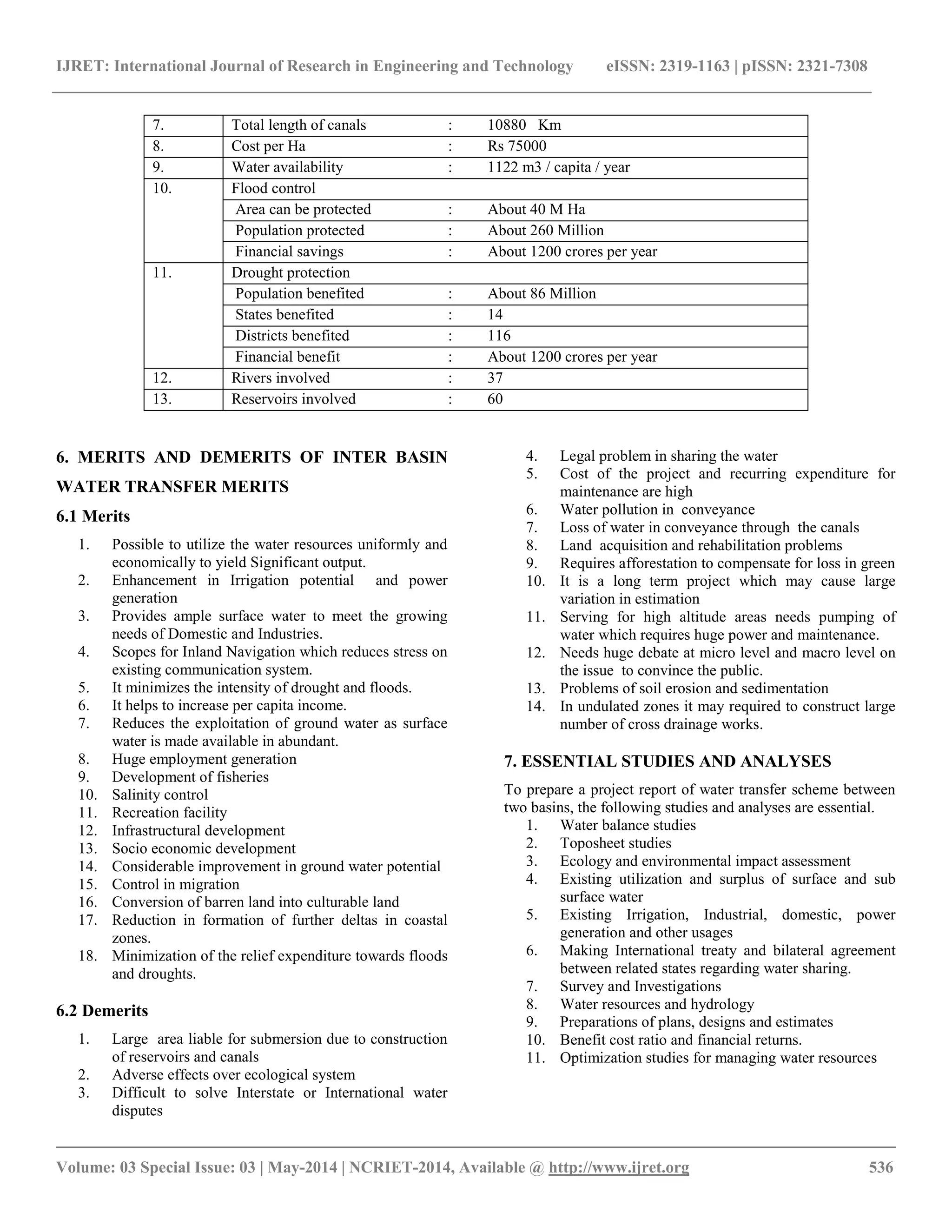IJRET: International Journal of Research in Engineering and Technology eISSN: 2319-1163 | pISSN: 2321-7308 
__________________________________________________________________________________________ 
Volume: 03 Special Issue: 03 | May-2014 | NCRIET-2014, Available @ http://www.ijret.org 536 
7. 
Total length of canals 
: 10880 Km 
8. 
Cost per Ha 
: Rs 75000 
9. 
Water availability 
: 1122 m3 / capita / year 
10. 
Flood control 
Area can be protected 
: About 40 M Ha 
Population protected 
: About 260 Million 
Financial savings 
: About 1200 crores per year 
11. 
Drought protection 
Population benefited 
: About 86 Million 
States benefited 
: 14 
Districts benefited 
: 116 
Financial benefit 
: About 1200 crores per year 
12. 
Rivers involved 
: 37 
13. 
Reservoirs involved 
: 60 
6. MERITS AND DEMERITS OF INTER BASIN WATER TRANSFER MERITS 6.1 Merits 
1. Possible to utilize the water resources uniformly and economically to yield Significant output. 
2. Enhancement in Irrigation potential and power generation 
3. Provides ample surface water to meet the growing needs of Domestic and Industries. 
4. Scopes for Inland Navigation which reduces stress on existing communication system. 
5. It minimizes the intensity of drought and floods. 
6. It helps to increase per capita income. 
7. Reduces the exploitation of ground water as surface water is made available in abundant. 
8. Huge employment generation 
9. Development of fisheries 
10. Salinity control 
11. Recreation facility 
12. Infrastructural development 
13. Socio economic development 
14. Considerable improvement in ground water potential 
15. Control in migration 
16. Conversion of barren land into culturable land 
17. Reduction in formation of further deltas in coastal zones. 
18. Minimization of the relief expenditure towards floods and droughts. 
6.2 Demerits 
1. Large area liable for submersion due to construction of reservoirs and canals 
2. Adverse effects over ecological system 
3. Difficult to solve Interstate or International water disputes 
4. Legal problem in sharing the water 
5. Cost of the project and recurring expenditure for maintenance are high 
6. Water pollution in conveyance 
7. Loss of water in conveyance through the canals 
8. Land acquisition and rehabilitation problems 
9. Requires afforestation to compensate for loss in green 
10. It is a long term project which may cause large variation in estimation 
11. Serving for high altitude areas needs pumping of water which requires huge power and maintenance. 
12. Needs huge debate at micro level and macro level on the issue to convince the public. 
13. Problems of soil erosion and sedimentation 
14. In undulated zones it may required to construct large number of cross drainage works. 
7. ESSENTIAL STUDIES AND ANALYSES To prepare a project report of water transfer scheme between two basins, the following studies and analyses are essential. 
1. Water balance studies 
2. Toposheet studies 
3. Ecology and environmental impact assessment 
4. Existing utilization and surplus of surface and sub surface water 
5. Existing Irrigation, Industrial, domestic, power generation and other usages 
6. Making International treaty and bilateral agreement between related states regarding water sharing. 
7. Survey and Investigations 
8. Water resources and hydrology 
9. Preparations of plans, designs and estimates 
10. Benefit cost ratio and financial returns. 
11. Optimization studies for managing water resources 
 