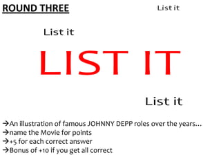 ROUND THREE

An illustration of famous JOHNNY DEPP roles over the years…
name the Movie for points
+5 for each correct answer
Bonus of +10 if you get all correct

 
