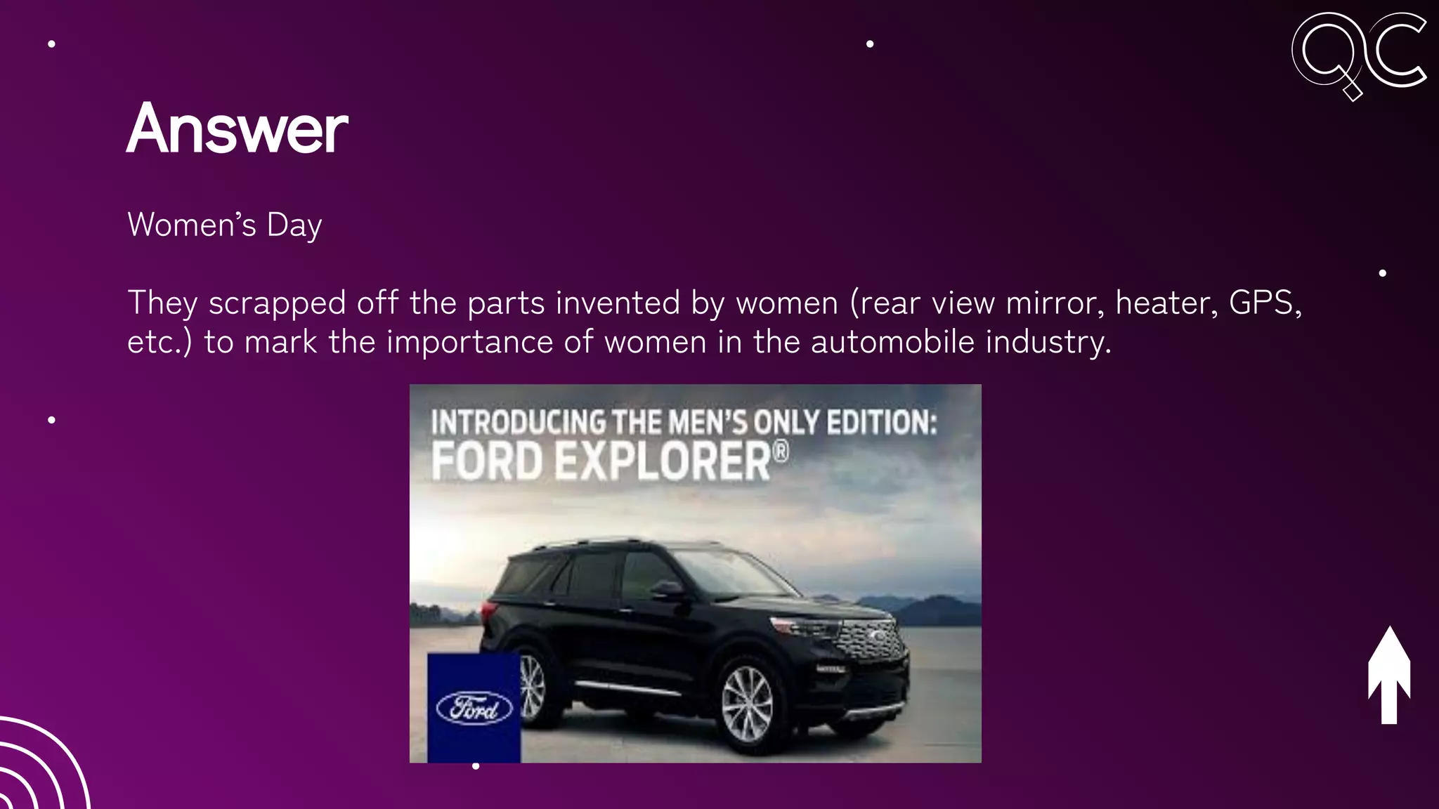Answer
Women’s Day
They scrapped off the parts invented by women (rear view mirror, heater, GPS,
etc.) to mark the importance of women in the automobile industry.
 