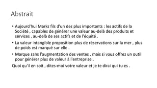 • Aujourd'hui Marks fils d'un des plus importants : les actifs de la
Société , capables de générer une valeur au-delà des produits et
services , au-delà de ses actifs et de l'équité .
• La valeur intangible proposition plus de réservations sur la mer , plus
de poids est marqué sur elle .
• Marque sans l'augmentation des ventes , mais si vous offrez un outil
pour générer plus de valeur à l'entreprise .
Quoi qu'il en soit , dites-moi votre valeur et je te dirai qui tu es .
Abstrait
 