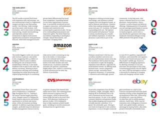 64 Best Retail Brands 2014
Sam’s Club
USA
Warehouse Club
$13,543M
0%
eBay
USA
Mass Merchant
$13,162M
+20%
Walmart-owned Sam’s Club has over
47 million members and serves over
600,000 small business owners every day.
The warehouse club has been focusing
on innovation to make the shopping
experience more efficient, especially for
small business owners, by offering small
business loans, invoice comparison,
instant savings, and earlier hours.
For general consumers, it’s promoting
e-commerce and mobile apps, greater
in-store Wi-Fi capability, expanded self-
checkouts, and convertible cash registers,
as well as new brands and ways to save.
The retailer’s mobile app, Scan & Go,
differentiates its shopping experience
by allowing customers to scan and
total their own purchases as they shop.
Transitioning gracefully into the digital
era, Sam’s Club has managed to remain
a top retailer by adapting to changing
times and changing customer needs.
Faced with competition from the likes
of Amazon, Google, and Apple, eBay is
shaking off its established role as the
web’s communal auction house and
merchant partner. Its aim: to be a global
commerce platform and payments leader
that enables shopping and transactions
virtually anytime, anywhere. It’s a
grand, but achievable, goal. Proving it
can create exciting end-to-end customer
experiences, in 2013 it brought connected
glass storefronts to a mall in San
Francisco and partnered with Kate Spade
Saturday to bring 24-hour shoppable pop-
up storefronts to New York, showcasing
its mobile tech, same-day delivery
via eBay Now and its mobile payment
solution, PayPal Here. With a zeal for
innovation and a willingness to reinvent
itself, and a global mobile commerce
advantage by owning PayPal, eBay looks
poised to fend off its formidable rivals.
Walgreens
USA
Drugstore
$15,519M
+8%
Walgreens is shifting its brand image,
store design, and inventory to better
compete with rival drugstore brands, as
well as Walmart and Amazon. However,
rather than making sweeping changes
across its 8,500+ U.S. locations, the brand
is proceeding with care. The“general
merchandise with pharmacy” format
is slowly transforming into a health-
and-wellness experience, in which the
pharmacy is perceived as part of the
community. In the long-term, that
means a renewed focus on its in-store
pharmacy, immunizations, clinics,
vitamins, as well as beauty and skincare
offerings. Helping position it for growth,
2013 net earnings soared thanks to success
in the company’s pharmacy business,
its loyalty program, and its new 10-
year distribution agreement with drug
wholesaler AmerisourceBergen to help
offset pressures from generic drugs.
Amazon
USA
Mass Merchant
$23,620M
+27%
CVS/pharmacy
USA
Drugstore
$17,779M
+12%
The Home Depot
USA
Home Improvement
$25,696M
+12%
The world’s biggest e-tailer saw 2013 net
sales increase 22 percent, even while
it lost a staggering USD $3.5 billion on
shipping—which it aims to address
by hiking the cost of Amazon Prime
membership to USD $99. It also made
headlines with its plan to test same-day
delivery via drones, showing its focus
on innovation and long-term thinking.
Expanding into online advertising and
original programming for its streaming
video service (with a streaming set-top
box in the works), it’s becoming a
force to be reckoned with in the
entertainment industry. While its storage
lockers with other retailers met with
mixed success, its presence inside P&G
and other CPG partners’ warehouses
helped reduce costs, while it’s continuing
to build infrastructure for same-day
delivery of perishables.
Its network of more than 7,600 stores
gives CVS/pharmacy a competitive
edge throughout the U.S., making it
the nation’s second-largest pharmacy
chain. Shopper research is helping the
brand improve adjacencies and localize
assortments in its brick-and-mortar
stores, while city locations are being
updated. In addition to gaining consumer
insights, profitable long-term pharmacy
benefits management contracts won by
its parent company have boosted sales
online and in-store. Ever-evolving private
labels continue to improve front-of-
store margins, while its MinuteClinic
format holds the lead in the retail clinic
space. With pharmacy making up 70
percent of sales, CVS is looking for
ways to help customers achieve health
goals, including its recently announced
landmark ban on cigarette sales.
The DIY retailer surprised Wall Street
with impressive sales and earnings, not
just maintaining its lead in a fragmented
category serving an ever-fluctuating
market—but thriving. Credit strategic
use of key assets: store location, tech
innovation, and in-store moves including
lower pricing, simpler merchandising,
and improved customer service.
Investments in digital retail systems
significantly increased in-store purchases
this year, while well-managed exclusive
private labels differentiated the brand
from competitors. Expanding beyond
its core home improvement customer
base, it successfully introduced services
to support contractors, with professional
business and construction now
accounting for 35 percent of sales. On top
of its commanding brand presence and
impressive agility, The Home Depot has
succeeded in responding to marketplace
changes, climate fluctuations, and
consumers’ changing needs.
 