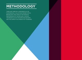 METHODOLOGY
There are three key components in the
four regional valuations for Best Retail
Brands 2014: analyses of the financial
performance of the retailer, the role
the brand plays in the purchase decision,
and the competitive strength of the brand.
 