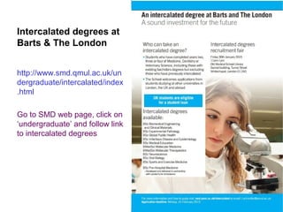 Intercalated degrees at
Barts & The London
http://www.smd.qmul.ac.uk/un
dergraduate/intercalated/index
.html
Go to SMD web page, click on
‘undergraduate’ and follow link
to intercalated degrees
 