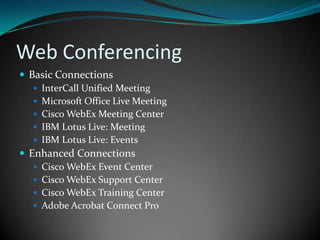 Web ConferencingBasic ConnectionsInterCall Unified MeetingMicrosoft Office Live MeetingCisco WebEx Meeting CenterIBM Lotus Live: MeetingIBM Lotus Live: EventsEnhanced ConnectionsCisco WebEx Event CenterCisco WebEx Support CenterCisco WebEx Training CenterAdobe Acrobat Connect Pro