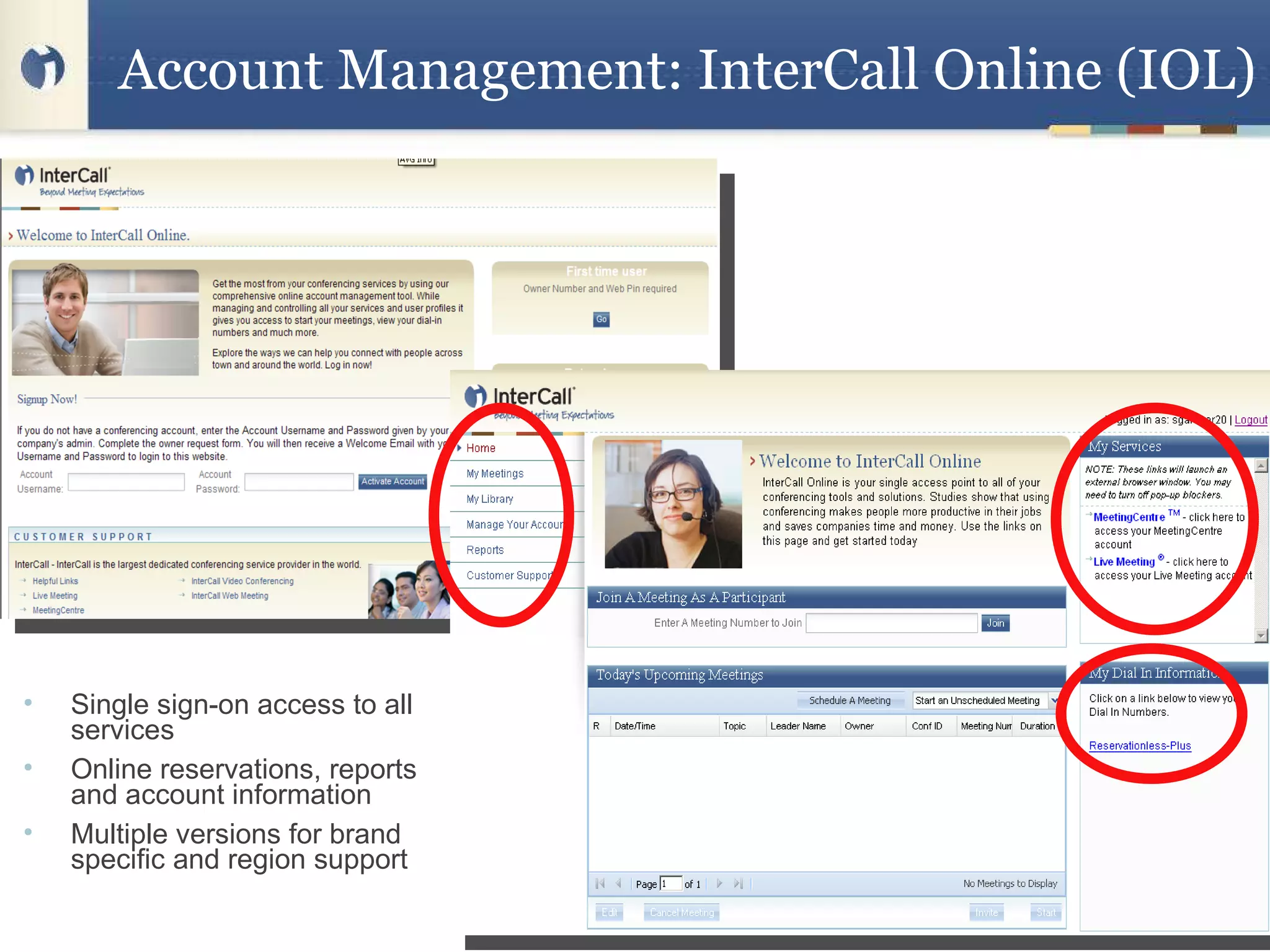 Account Management: InterCall Online (IOL) Single sign-on access to all services Online reservations, reports and account information Multiple versions for brand specific and region support   