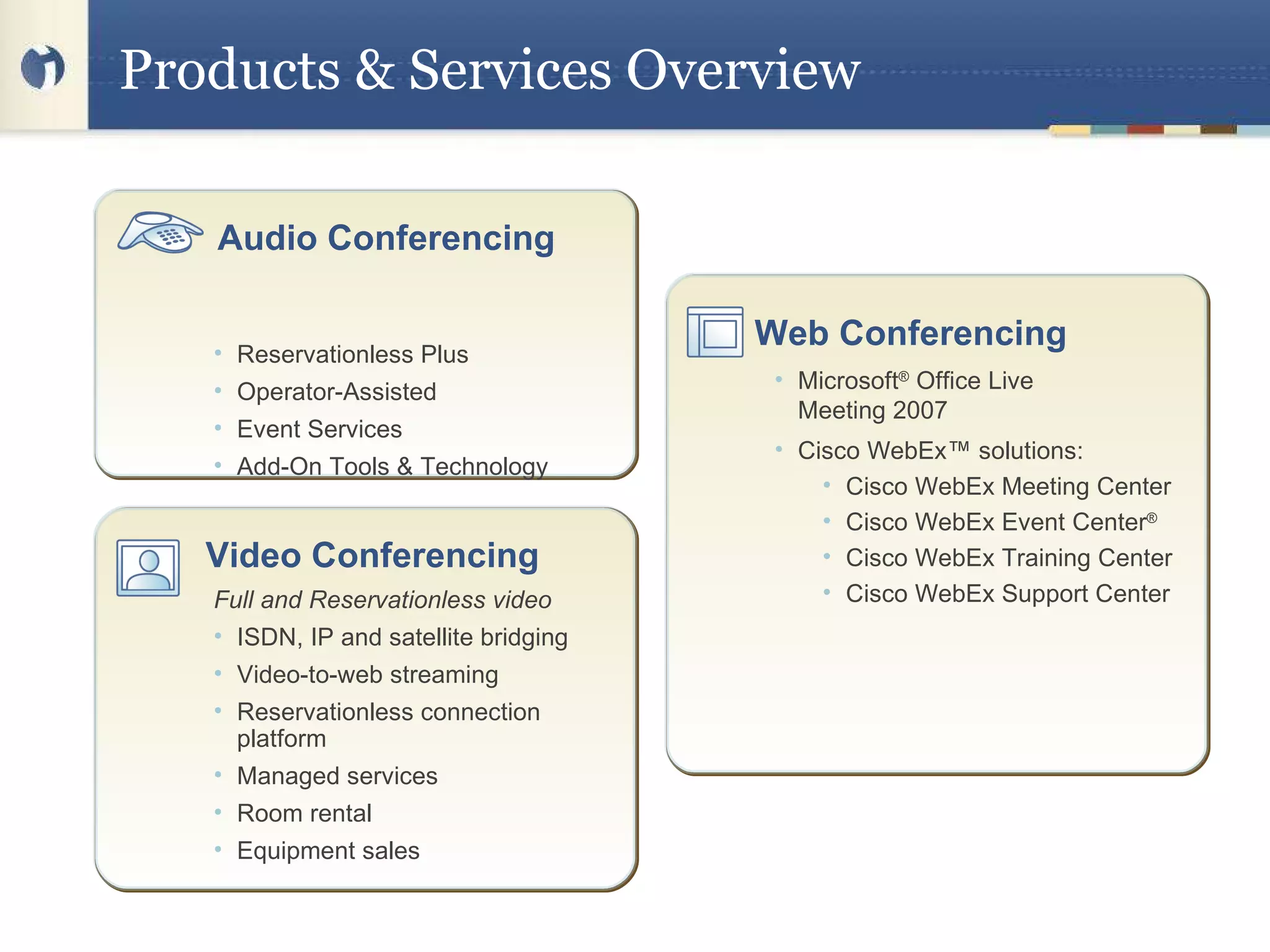 Products & Services Overview Audio Conferencing   Reservationless Plus Operator-Assisted  Event Services Add-On Tools & Technology Video Conferencing   Full and Reservationless video ISDN, IP and satellite bridging Video-to-web streaming Reservationless connection  platform Managed services Room rental Equipment sales Web Conferencing Microsoft ®  Office Live  Meeting 2007 Cisco WebEx ™ solutions: Cisco WebEx Meeting Center Cisco WebEx Event Center ®  Cisco WebEx Training Center Cisco WebEx Support Center 