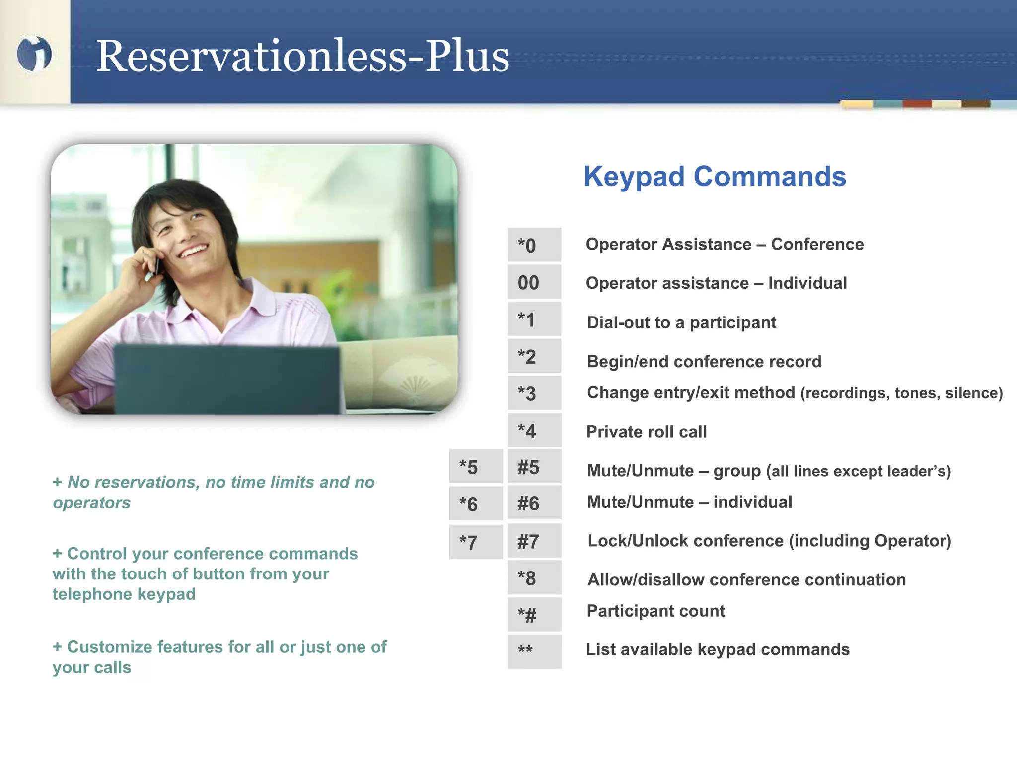 Reservationless-Plus  +  No reservations, no time limits and no operators  + Control your conference commands with the touch of button from your telephone keypad  + Customize features for all or just one of your calls  List available keypad commands Operator Assistance – Conference Operator assistance – Individual Dial-out to a participant Begin/end conference record Change entry/exit method  (recordings, tones, silence) Private roll call Mute/Unmute – group ( all lines except leader’s) Mute/Unmute – individual Lock/Unlock conference (including Operator) Allow/disallow conference continuation Participant count *1 *3 *4 *5 #5 *7  #7 *8  *2 *0 00 *6 #6 *#  **  Keypad Commands 