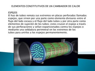 ESPEJOS
El haz de tubos remata sus extremos en placas perforadas llamadas
espejos, que sirven por una parte como elemento divisores entre el
flujo del lado coraza y el flujo del lado tubos y por otra parte como
elementos de sujeción de los tubos; estos cruzan el espejo a través
de sus perforaciones y sellan expansionados contra los espejos o
mediante una soldadura perimetral en los extremos de los
tubos para unirlos a los espejos permanentemente.
 
