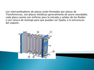 Los intercambiadores de placas están formados por placas de
Transferencias, son placas metálicas generalmente de acero inoxidable,
cada placa cuenta con orificios para la entrada y salidas de los fluidos
y con ranura de montaje para que puedan ser fijadas a la estructuras
del soporte .
 