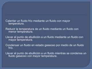 Calentar un fluido frío mediante un fluido con mayor
  temperatura.
Reducir la temperatura de un fluido mediante un fluido con
  menor temperatura.
Llevar al punto de ebullición a un fluido mediante un fluido con
  mayor temperatura.
Condensar un fluido en estado gaseoso por medio de un fluido
  frío.
Llevar al punto de ebullición a un fluido mientras se condensa un
  fluido gaseoso con mayor temperatura.
 