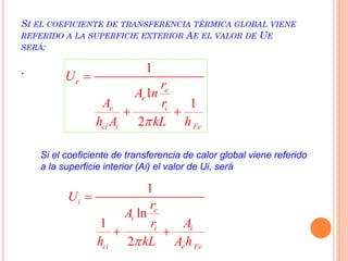 SI EL COEFICIENTE DE TRANSFERENCIA TÉRMICA GLOBAL VIENE
REFERIDO A LA SUPERFICIE EXTERIOR AE EL VALOR DE UE
SERÁ:
. 1
1
1
2
e
e
e
e i
ci i Fe
U
r
A n
A r
h A kL h

 
1
ln
1
2
i
e
i
i i
ci e Fe
U
r
A
r A
h kL A h

 
Si el coeficiente de transferencia de calor global viene referido
a la superficie interior (Ai) el valor de Ui, será
 