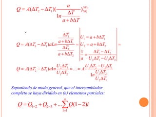 .
Suponiendo de modo general, que el intercambiador
completo se haya dividido en (n) elementos parciales:
1 2 2 3
1 1
... (1 2)
n
Q Q Q Q i 

   
2
12 1( )( )
1
T
T
a
Q A T T
T
n
a b T

   

 
1
1 1
1
2 1 2 2
2
1 2
2
2 1 1 2
2 1 1 2 2 1
2 1
1 21 2
2 1
( )
1
( ) 1 ...
1
T U a b T
a b T
Q A T T aLn U a b T
T
T Ta b T
a U T U T
U T U T U T
Q A T T a n A
U TU T n
U T
   
 
        

    
  
   
     


 