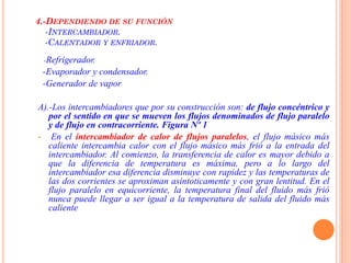 4.-DEPENDIENDO DE SU FUNCIÓN
-INTERCAMBIADOR.
-CALENTADOR Y ENFRIADOR.
-Refrigerador.
-Evaporador y condensador.
-Generador de vapor
A).-Los intercambiadores que por su construcción son: de flujo concéntrico y
por el sentido en que se mueven los flujos denominados de flujo paralelo
y de flujo en contracorriente. Figura Nº 1
• En el intercambiador de calor de flujos paralelos, el flujo másico más
caliente intercambia calor con el flujo másico más frió a la entrada del
intercambiador. Al comienzo, la transferencia de calor es mayor debido a
que la diferencia de temperatura es máxima, pero a lo largo del
intercambiador esa diferencia disminuye con rapidez y las temperaturas de
las dos corrientes se aproximan asintoticamente y con gran lentitud. En el
flujo paralelo en equicorriente, la temperatura final del fluido más frió
nunca puede llegar a ser igual a la temperatura de salida del fluido más
caliente
 