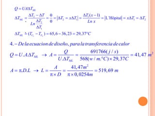 1 2
2 1
2 1 1 2
2
1
ôpital
( 1)0
L´H
0
( ) 65,6 36,23 29,37
ML
ML
ML C F
Q UA T
T T T x
T T x T x T T
T Ln x
Ln
T
T T T C
 
    
            


      
.
.
2
2
4. ,
691766( / )
. . 41,47
. 568( / . ) 29,37
41,47
. . 519,69
0,0254
ML
ML
Delaecuaciondediseño paralatransferencia decalor
Q j s
Q U A T A m
U T w m C C
A m
A D L L m
D m

     
  
     
 
 