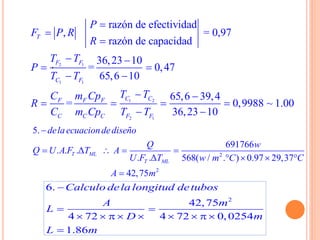 2 1
1 1
1 2
2 1
razón de efectividad
, = 0,97
razón de capacidad
36,23 10
= 0,47
65,6 10
65,6 39,4
= 0,9988 ~ 1.00
36,23 10
T
F F
C F
C CF F F
C C C F F
P
F P R
R
T T
P
T T
T TC m Cp
R
C m Cp T T



 
 
 
 
   
 
.
2
2
5.
691766
. . .Δ
. .Δ 568( / . ) 0.97 29,37
42,75
T ML
T ML
delaecuaciondediseño
Q w
Q U A F T A
U F T w m C C
A m

   
   

2
6.
42,75
4 72 4 72 0,0254
1.86
Calculo dela longitud detubos
A m
L
D m
L m

 
        

 