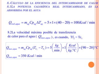 , 5 1 (40 20) 100 / minreal agua ag ag agQ m Cp T Kcal      
8.-CÁLCULO DE LA EFICIENCIA DEL INTERCAMBIADOR DE CALOR
8.1LA POTENCIA CALORÍFICA REAL INTERCAMBIADO, ES LA
ABSORBIDA POR EL AGUA
8.2La velocidad máxima posible de transferencia
de calor para el agua ( ,max aguaQ ) , es cuando, Tf2 = Tc1
 1 1,
,
( ) 5 1 90 20
min .
350 / min
max agua ag ag C F
max agua
kg Kcal
Q m Cp T T C
kg C
Q Kcal
  
        
   

 