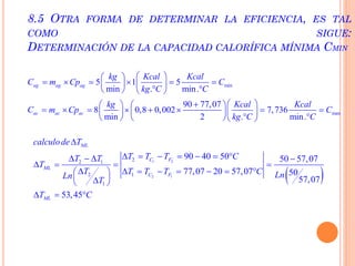 min
max
5 1 5
min . min.
90 77,07
8 0,8 0,002 7,736
min 2 . min.
ag ag ag
ac ac ac
kg Kcal Kcal
C m Cp C
kg C C
kg Kcal Kcal
C m Cp C
kg C C
  
       
    
    
           
     
8.5 OTRA FORMA DE DETERMINAR LA EFICIENCIA, ES TAL
COMO SIGUE:
DETERMINACIÓN DE LA CAPACIDAD CALORÍFICA MÍNIMA CMIN
 
1 2
2 1
22 1
2 1
1
90 40 50 50 57,07
77,07 20 57,07 50
57,07
53,45
ML
C F
ML
C F
ML
calculode T
T T T CT T
T
T T T T C LnLn
T
T C

         
   
        
  
  
 