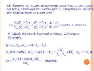 2 1 2 1
1 1 1 1min
( ) ( ) 40 20
0,2857 28,57 %
( ) ( ) 90 20
F F F F F
C F C F
C T T T T
C T T T T
  
     
  
8.6.-TAMBIÉN SE PUEDE DETERMINAR MEDIANTE LA SIGUIENTE
RELACIÓN, TEMIENDO EN CUENTA QUE LA CAPACIDAD CALORÍFICA
MIN. CORRESPONDE AL FLUIDO FRÍO
9.-Cálculo del área de intercambio térmico; Del balance
de energía.
. . ( )
10
(0,8 0,002 ) ( ) ( ) 10
(0,8 0,002 )
, integrando
10
ac ac ac ac ag
ac
ac ac ac ac ag ac ag ac
ac ag
ac ac ac
ac
Q m Cp dT UdA T T
T
m T dT UdA T T dA T T T dA
T T
m T dT
dA
T
  
     



 
