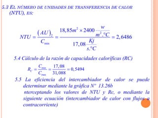  
2
2
2
min
18,85 2400. . 2,6486
17,08
.
w
mAU m CNTU
KjC
s C

  

5.3 EL NÚMERO DE UNIDADES DE TRANSFERENCIA DE CALOR
(NTU), ES:
5.4 Cálculo de la razón de capacidades caloríficas (RC)
min
max
17,08
0,5494
31,088
C
C
R
C
  
5.5 La eficiencia del intercambiador de calor se puede
determinar mediante la gráfica Nº 13.26b
nterceptando los valores de NTU y Rc, o mediante la
siguiente ecuación (intercambiador de calor con flujos a
contracorriente)
 
