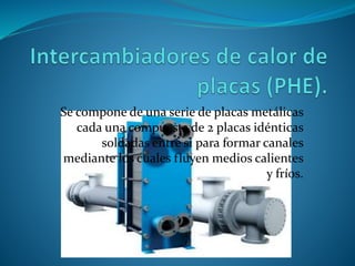 Se compone de una serie de placas metálicas 
cada una compuesta de 2 placas idénticas 
soldadas entre si para formar canales 
mediante los cuales fluyen medios calientes 
y fríos. 
 