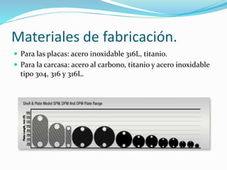 Materiales de fabricación. 
 Para las placas: acero inoxidable 316L, titanio. 
 Para la carcasa: acero al carbono, titanio y acero inoxidable 
tipo 304, 316 y 316L. 
 