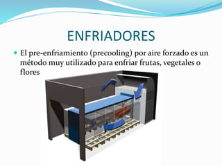 ENFRIADORES 
 El pre-enfriamiento (precooling) por aire forzado es un 
método muy utilizado para enfriar frutas, vegetales o 
flores cortadas. 
 