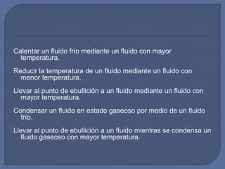 Calentar un fluido frío mediante un fluido con mayor
temperatura.
Reducir la temperatura de un fluido mediante un fluido con
menor temperatura.
Llevar al punto de ebullición a un fluido mediante un fluido con
mayor temperatura.
Condensar un fluido en estado gaseoso por medio de un fluido
frío.
Llevar al punto de ebullición a un fluido mientras se condensa un
fluido gaseoso con mayor temperatura.
 