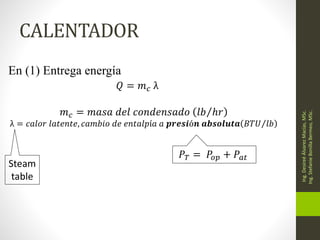 CALENTADOR
Ing.
Desireé
Álvarez
Macías,
MSc.
Ing.
Stefanie
Bonilla
Bermeo,
MSc.
En (1) Entrega energía
𝑄 = 𝑚𝑐 λ
𝑚𝑐 = 𝑚𝑎𝑠𝑎 𝑑𝑒𝑙 𝑐𝑜𝑛𝑑𝑒𝑛𝑠𝑎𝑑𝑜 𝑙𝑏 ℎ𝑟
λ = 𝑐𝑎𝑙𝑜𝑟 𝑙𝑎𝑡𝑒𝑛𝑡𝑒, 𝑐𝑎𝑚𝑏𝑖𝑜 𝑑𝑒 𝑒𝑛𝑡𝑎𝑙𝑝í𝑎 𝑎 𝒑𝒓𝒆𝒔𝒊ó𝒏 𝒂𝒃𝒔𝒐𝒍𝒖𝒕𝒂 𝐵𝑇𝑈 𝑙𝑏
Steam
table
𝑃𝑇 = 𝑃𝑜𝑝 + 𝑃𝑎𝑡
 