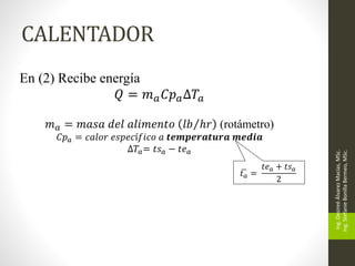 CALENTADOR
Ing.
Desireé
Álvarez
Macías,
MSc.
Ing.
Stefanie
Bonilla
Bermeo,
MSc.
En (2) Recibe energía
𝑄 = 𝑚𝑎𝐶𝑝𝑎∆𝑇𝑎
𝑚𝑎 = 𝑚𝑎𝑠𝑎 𝑑𝑒𝑙 𝑎𝑙𝑖𝑚𝑒𝑛𝑡𝑜 𝑙𝑏 ℎ𝑟 (rotámetro)
𝐶𝑝𝑎 = 𝑐𝑎𝑙𝑜𝑟 𝑒𝑠𝑝𝑒𝑐í𝑓𝑖𝑐𝑜 𝑎 𝒕𝒆𝒎𝒑𝒆𝒓𝒂𝒕𝒖𝒓𝒂 𝒎𝒆𝒅𝒊𝒂
∆𝑇𝑎= 𝑡𝑠𝑎 − 𝑡𝑒𝑎
𝑡𝑎 =
𝑡𝑒𝑎 + 𝑡𝑠𝑎
2
 
