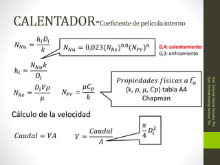 CALENTADOR-Coeficientedepelículainterno
Ing.
Desireé
Álvarez
Macías,
MSc.
Ing.
Stefanie
Bonilla
Bermeo,
MSc.
𝑁𝑁𝑢 =
ℎ𝑖𝐷𝑖
𝑘
ℎ𝑖 =
𝑁𝑁𝑢𝑘
𝐷𝑖
𝑁𝑁𝑢 = 0,023(𝑁𝑅𝑒)0,8(𝑁𝑃𝑟)𝑛 0,4: calentamiento
0,3: enfriamiento
𝑁𝑅𝑒 =
𝐷𝑖𝑉𝜌
𝜇
𝑁𝑃𝑟 =
𝜇𝐶𝑝
𝑘
𝑃𝑟𝑜𝑝𝑖𝑒𝑑𝑎𝑑𝑒𝑠 𝑓í𝑠𝑖𝑐𝑎𝑠 𝑎 𝑡𝑎
(k, 𝜌, 𝜇, 𝐶𝑝) tabla A4
Chapman
Cálculo de la velocidad
𝐶𝑎𝑢𝑑𝑎𝑙 = 𝑉𝐴 𝑉 =
𝐶𝑎𝑢𝑑𝑎𝑙
𝐴
𝜋
4
𝐷𝑖
2
 