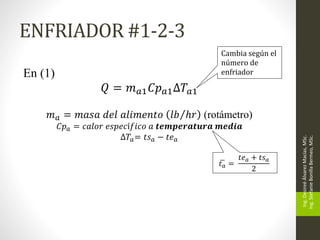 ENFRIADOR #1-2-3
Ing.
Desireé
Álvarez
Macías,
MSc.
Ing.
Stefanie
Bonilla
Bermeo,
MSc.
En (1)
𝑄 = 𝑚𝑎1𝐶𝑝𝑎1∆𝑇𝑎1
𝑚𝑎 = 𝑚𝑎𝑠𝑎 𝑑𝑒𝑙 𝑎𝑙𝑖𝑚𝑒𝑛𝑡𝑜 𝑙𝑏 ℎ𝑟 (rotámetro)
𝐶𝑝𝑎 = 𝑐𝑎𝑙𝑜𝑟 𝑒𝑠𝑝𝑒𝑐í𝑓𝑖𝑐𝑜 𝑎 𝒕𝒆𝒎𝒑𝒆𝒓𝒂𝒕𝒖𝒓𝒂 𝒎𝒆𝒅𝒊𝒂
∆𝑇𝑎= 𝑡𝑠𝑎 − 𝑡𝑒𝑎
𝑡𝑎 =
𝑡𝑒𝑎 + 𝑡𝑠𝑎
2
Cambia según el
número de
enfriador
 