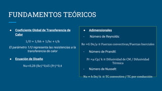 FUNDAMENTOS TEÓRICOS
● Adimensionales
- Número de Reynolds:
Re =G De/𝜇 ≡ Fuerzas convectivas/Fuerzas Inerciales
- Número de Prandtl:
Pr =𝜇 Cp/ k ≡ Difusividad de CM / Difusividad
Térmica
- Número de Nusselt:
Nu = h De/ k ≡ TC convectivo / TC por conducción
● Coeficiente Global de Transferencia de
Calor
1/U = 1/hh + 1/hc + t/k
El parámetro 1/U representa las resistencias a la
transferencia de calor
● Ecuación de Diseño
Nu=0,28 (Re)^0,65 (Pr)^0,4
 