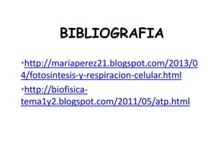 BIBLIOGRAFIA
•http://mariaperez21.blogspot.com/2013/0
4/fotosintesis-y-respiracion-celular.html
•http://biofisica-
tema1y2.blogspot.com/2011/05/atp.html
 