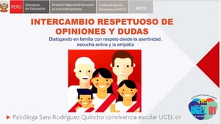  Psicóloga Sara Rodríguez Quincho convivencia escolar UGEL 01
INTERCAMBIO RESPETUOSO DE
OPINIONES Y DUDAS
Dialogando en familia con respeto desde la asertividad,
escucha activa y la empatía
 