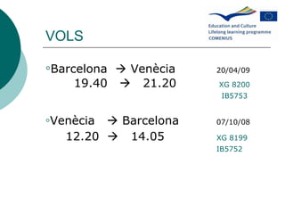 VOLS ◦ Barcelona    Venècia 20/04/09 19.40     21.20   XG 8200     IB5753 ◦ Venècia    Barcelona 07/10/08 12.20     14.05 XG 8199 IB5752 