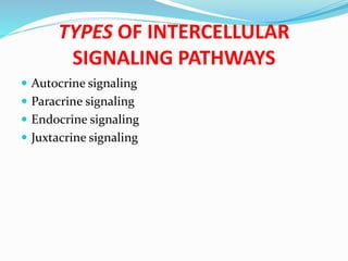 TYPES OF INTERCELLULAR
SIGNALING PATHWAYS
 Autocrine signaling
 Paracrine signaling
 Endocrine signaling
 Juxtacrine signaling
 