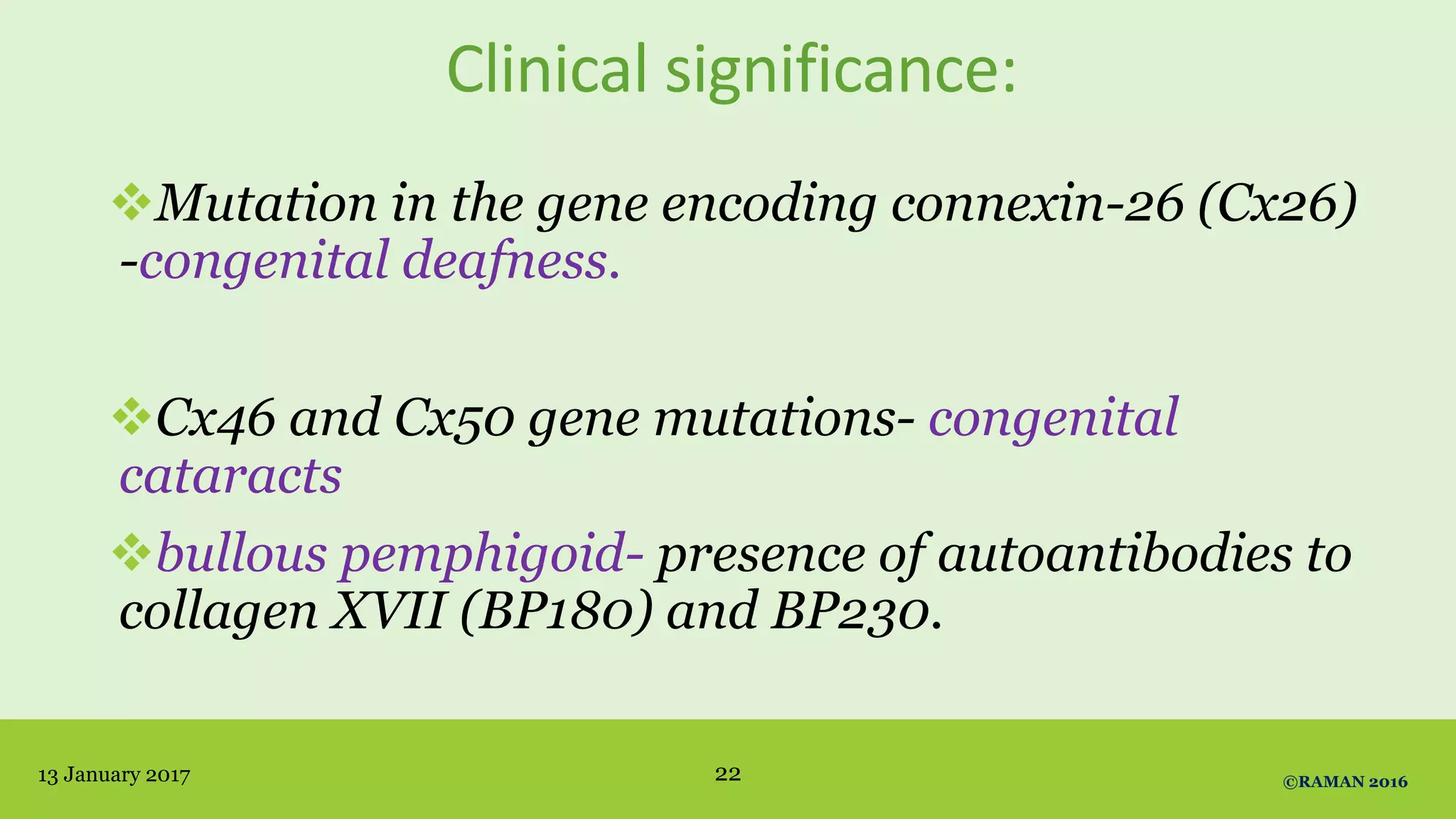 Clinical significance:
13 January 2017 ©RAMAN 201622
Mutation in the gene encoding connexin-26 (Cx26)
-congenital deafness.
Cx46 and Cx50 gene mutations- congenital
cataracts
bullous pemphigoid- presence of autoantibodies to
collagen XVII (BP180) and BP230.
 