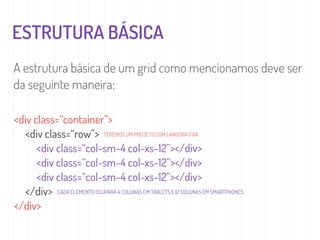 ESTRUTURA BÁSICA
<div class=“container”>
<div class=“row”>
<div class=“col-sm-4 col-xs-12”></div>
<div class=“col-sm-4 col-xs-12”></div>
<div class=“col-sm-4 col-xs-12”></div>
</div>
</div>
A estrutura básica de um grid como mencionamos deve ser
da seguinte maneira:
TEREMOS UM PROJETO COM LARGURA FIXA
CADA ELEMENTO OCUPARÁ 4 COLUNAS EM TABLETS E 12 COLUNAS EM SMARTPHONES.
 