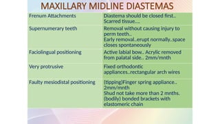 MAXILLARY MIDLINE DIASTEMAS
Frenum Attachments Diastema should be closed first..
Scarred tissue….
Supernumerary teeth Removal without causing injury to
perm teeth..
Early removal..erupt normally..space
closes spontaneously
Faciolingual positioning Active labial bow.. Acrylic removed
from palatal side.. 2mm/mnth
Very protrusive Fixed orthodontic
appliances..rectangular arch wires
Faulty mesiodistal positioning (tipping)Finger spring appliance..
2mm/mnth
Shud not take more than 2 mnths.
(bodily) bonded brackets with
elastomeric chain
 