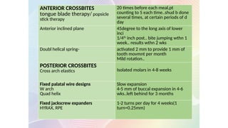 ANTERIOR CROSSBITES
tongue blade therapy/ popsicle
stick therapy
20 times before each meal,pt
counting to 5 each time..shud b done
several times, at certain periods of d
day
Anterior inclined plane 45degree to the long axis of lower
inci
1/4th
inch post.. bite jumping wthn 1
week.. results wthn 2 wks
Doubl helical spring- activated 2 mm to provide 1 mm of
tooth movmnt per month
Mild rotation..
POSTERIOR CROSSBITES
Cross arch elastics Isolated molars in 4-8 weeks
Fixed palatal wire designs
W arch
Quad helix
Slow expansion
4-5 mm of buccal expansion in 4-6
wks..left behind for 3 months
Fixed jackscrew expanders
HYRAX, RPE
1-2 turns per day for 4 weeks(1
turn=0.25mm)
 