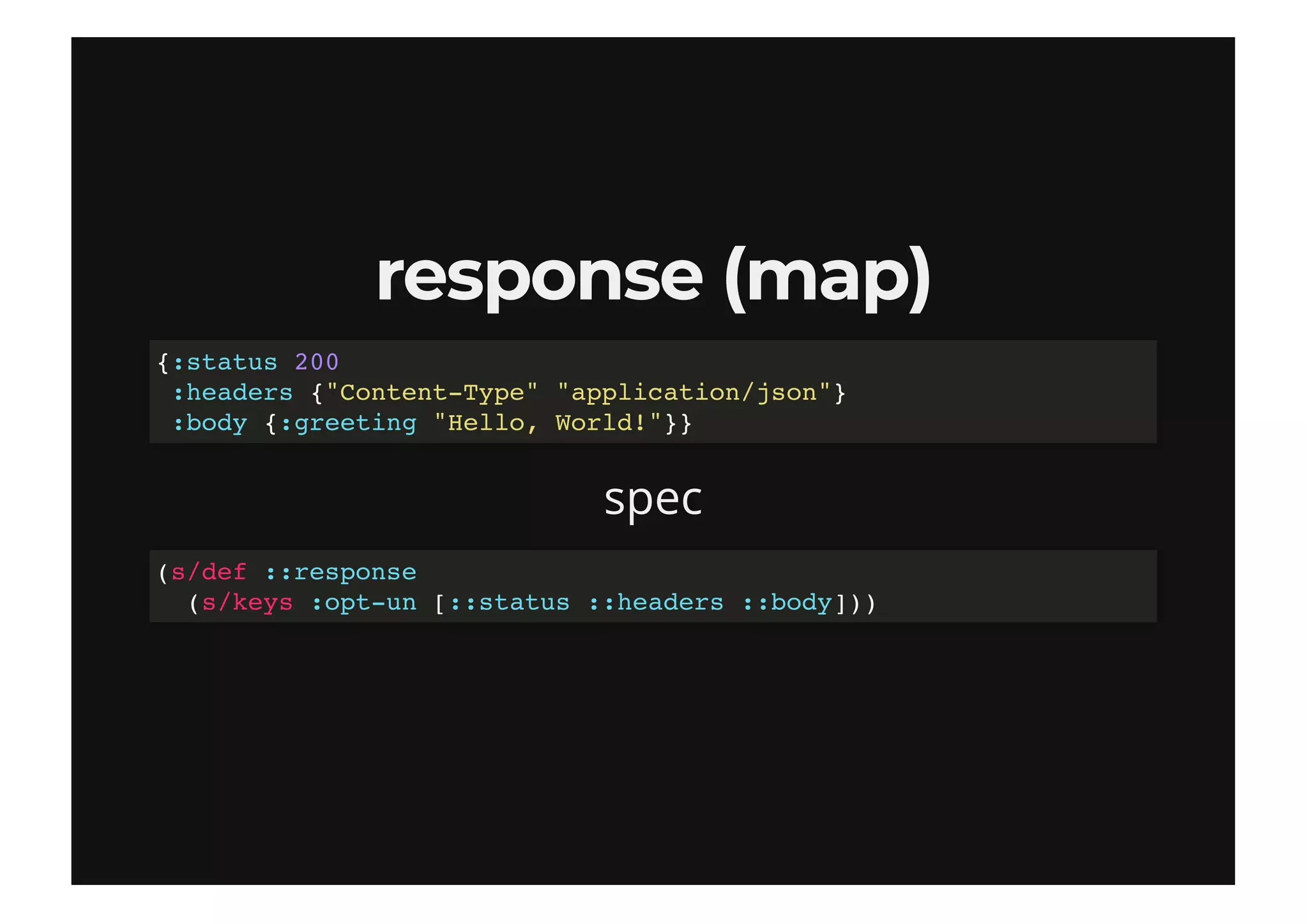 response (map)response (map)
spec
{:status 200
:headers {"Content-Type" "application/json"}
:body {:greeting "Hello, World!"}}
(s/def ::response
(s/keys :opt-un [::status ::headers ::body]))
 