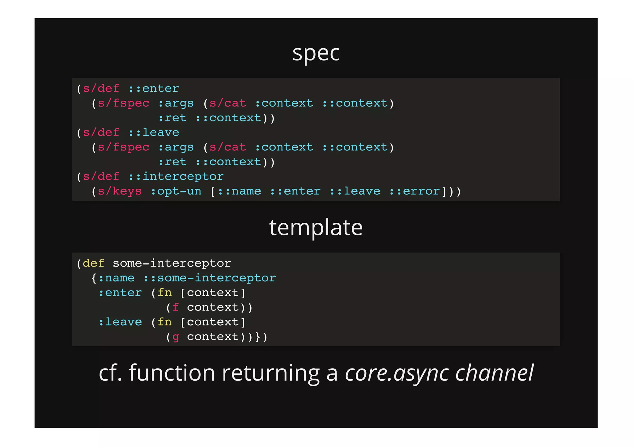 spec
template
cf. function returning a core.async channel
(s/def ::enter
(s/fspec :args (s/cat :context ::context)
:ret ::context))
(s/def ::leave
(s/fspec :args (s/cat :context ::context)
:ret ::context))
(s/def ::interceptor
(s/keys :opt-un [::name ::enter ::leave ::error]))
(def some-interceptor
{:name ::some-interceptor
:enter (fn [context]
(f context))
:leave (fn [context]
(g context))})
 