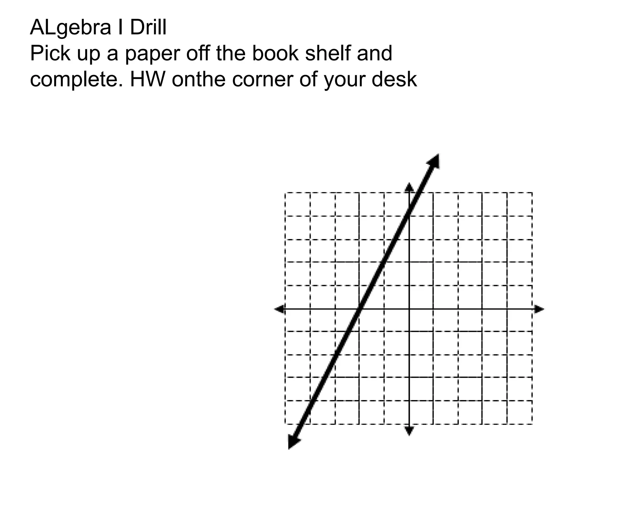 ALgebra I Drill
Pick up a paper off the book shelf and
complete. HW onthe corner of your desk