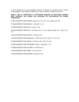 6. Jacó recebeu uma nova revelação de Deus: O Senhor se anunciou como o “Deus
Todo-poderoso” que significa “aquele que é todo suficiente”: Gênesis 32.24-32.

Agora... Use as referências e o formulário seguinte ao final deste capítulo
para continuar seu estudo dos princípios de reavivamento do Antigo
Testamento:

O REAVIVAMENTO SOB MOISÉS: Êxodo 32:1-35; 33:1-23; capítulos 34-35.

O REAVIVAMENTO SOB SAMUEL: 1 Samuel 7:1-17.

O REAVIVAMENTO SOB ELIAS: 1 Reis 17-18.

O REAVIVAMENTO SOB ASA: 2 Crônicas 14-15. E um relato paralelo em 1 Reis 15:9-
24.

O REAVIVAMENTO SOB JOSAFÁ: 2 Crônicas 20.

O REAVIVAMENTO SOB EZEQUIAS: 2 Crônicas 29:1-36; 30:1-27; 31:1-21.

O REAVIVAMENTO SOB JOSIAS: 2 Crônicas 34:1-33; 35:1-19.

O REAVIVAMENTO SOB ZOROBABEL: Ageu 1; Zacarias 1:1-6.

O REAVIVAMENTO SOB SALOMÃO: 2 Crônicas 6-7.

O REAVIVAMENTO SOB JONAS: Livro de Jonas.

O REAVIVAMENTO SOB NEEMIAS: Neemias 8-10.




                                      62
 