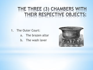 1. The Outer Court:
a. The brazen altar
b. The wash laver
 